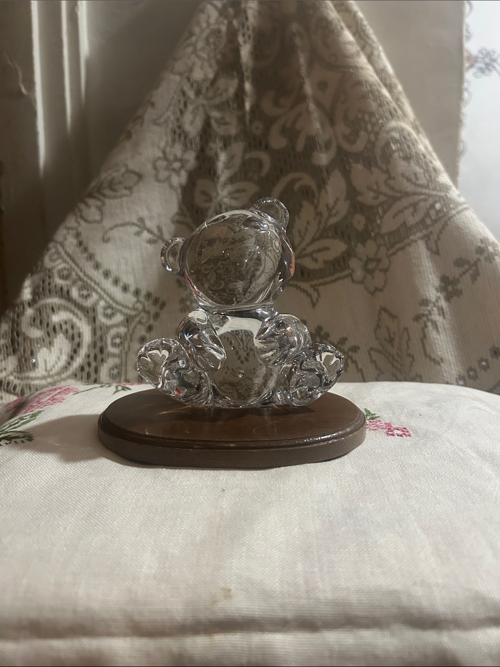 Crystal Teddy Figurine on Wooden Base - Clear